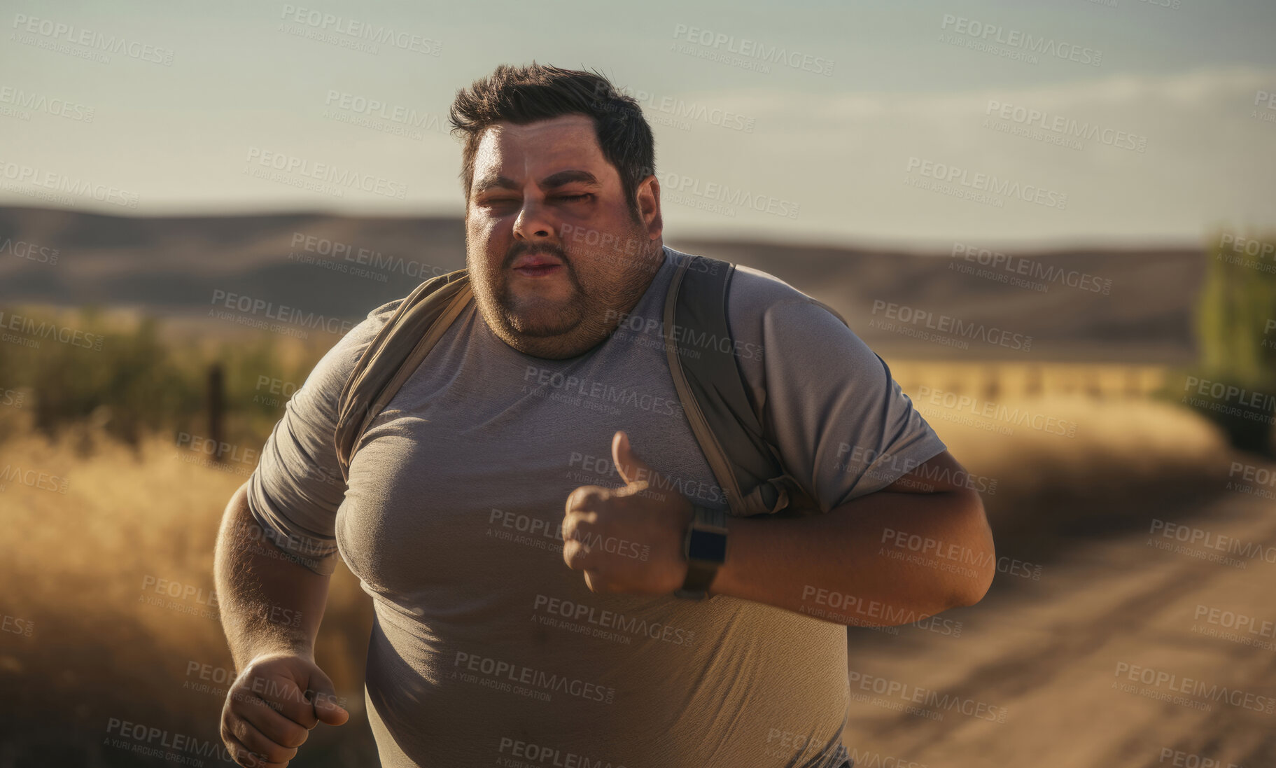 Buy stock photo Plus size man, tired and running for exercise, fitness and training for weightloss, diet and outdoor wellness. Fatigue, person and workout for healthy challenge, sports and losing weight cardio