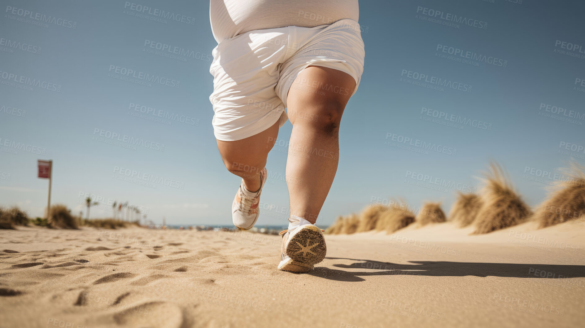 Buy stock photo Fat man, diet and running with goal, obesity and training on beach for fitness and sports. Thinking, vision and ideas for health, wellness and confidence with diet, exercise and weight loss