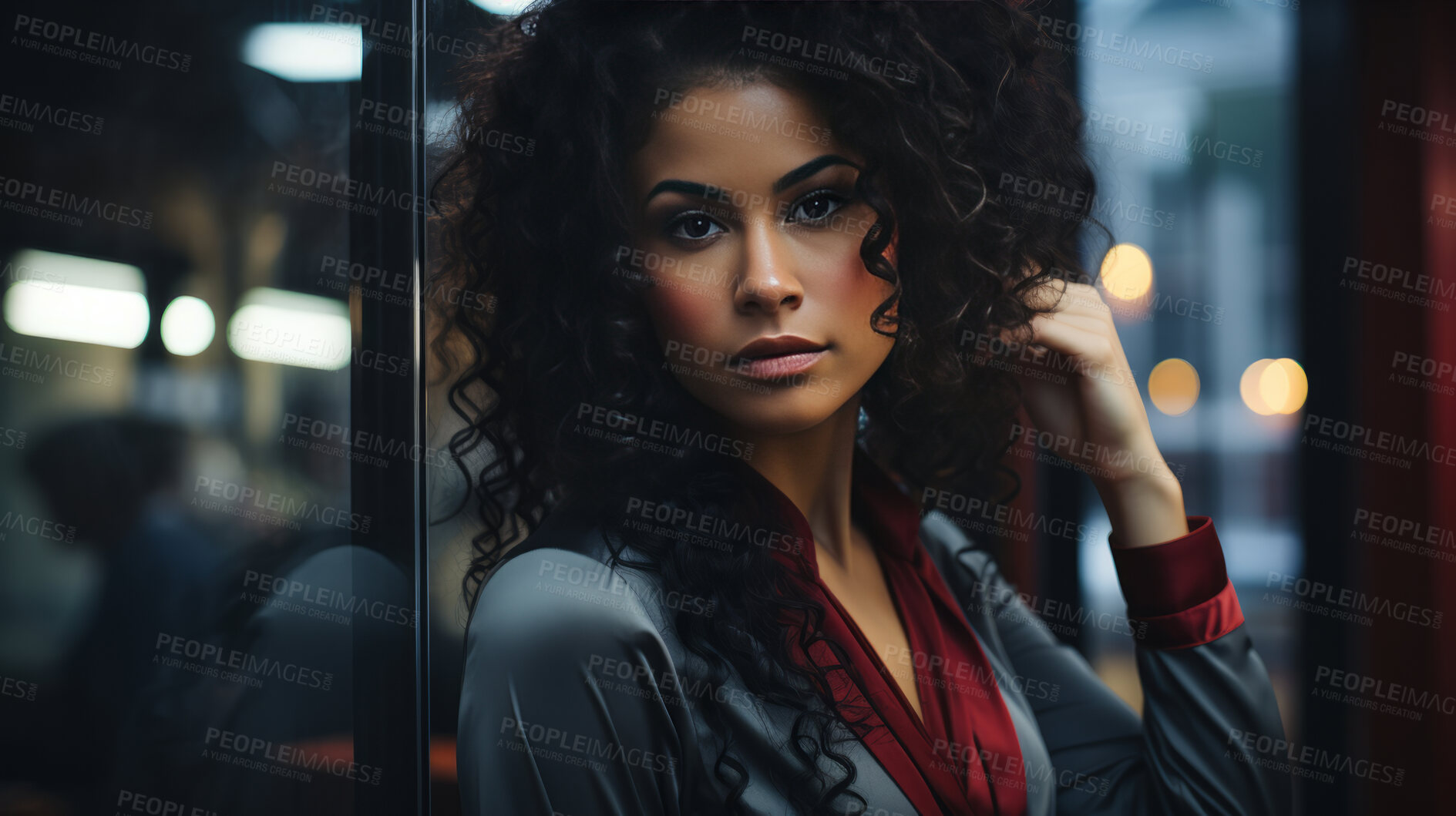 Buy stock photo Black woman, portrait and business with night, office and professional entrepreneur in building. Serious, looking and urban with modern female wearing a business suit for leadership and bokeh success