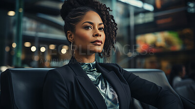 Black woman, thinking and business with night, office and professional entrepreneur in building. Serious, looking and urban with modern female wearing a business suit for leadership and bokeh success