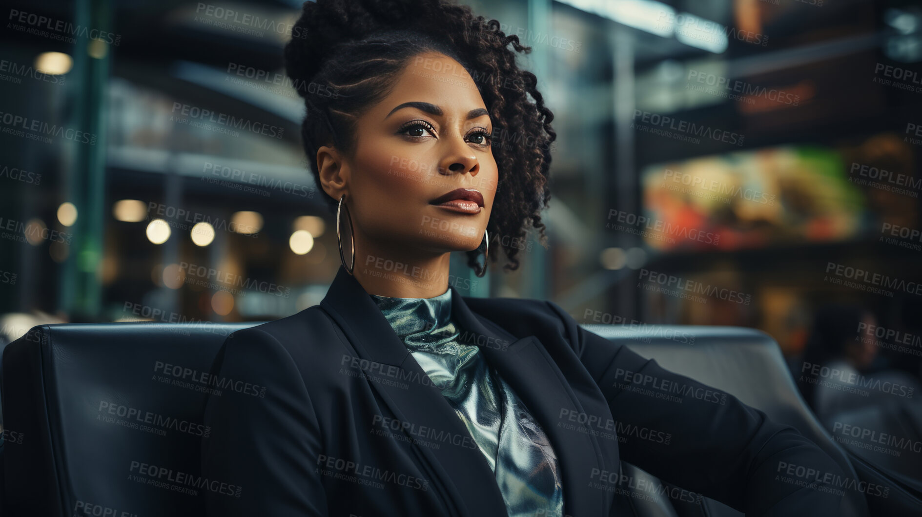 Buy stock photo Black woman, thinking and business with night, office and professional entrepreneur in building. Serious, looking and urban with modern female wearing a business suit for leadership and bokeh success