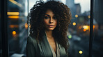 Black woman, portrait and business with night, office and professional entrepreneur in building. Serious, looking and urban with modern female wearing a business suit for leadership and bokeh success