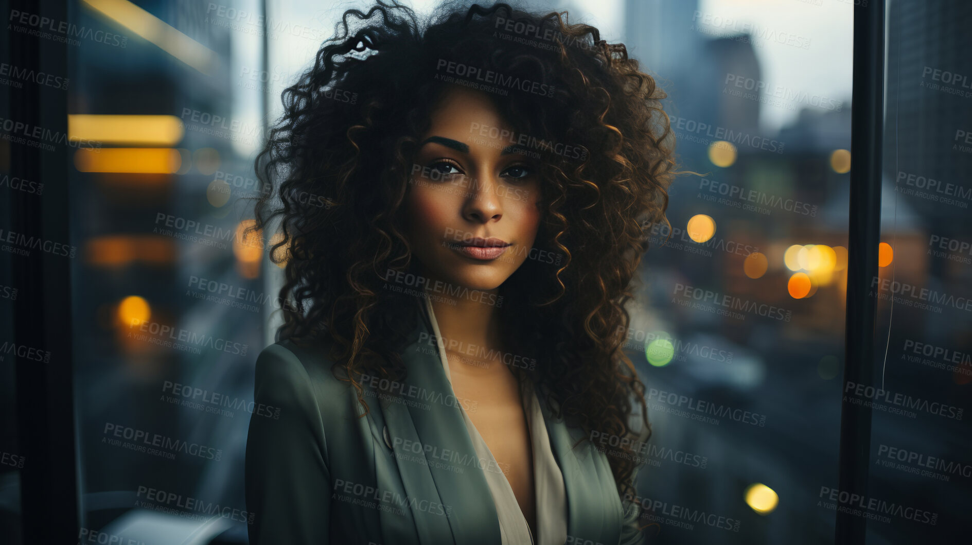 Buy stock photo Black woman, portrait and business with night, office and professional entrepreneur in building. Serious, looking and urban with modern female wearing a business suit for leadership and bokeh success