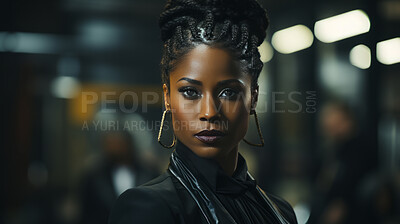 Black woman, portrait and business with night, office and professional entrepreneur in building. Serious, looking and urban with modern female wearing a business suit for leadership and bokeh success