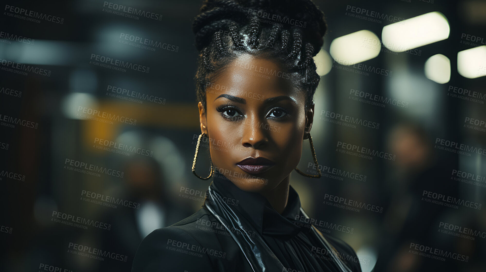 Buy stock photo Black woman, portrait and business with night, office and professional entrepreneur in building. Serious, looking and urban with modern female wearing a business suit for leadership and bokeh success