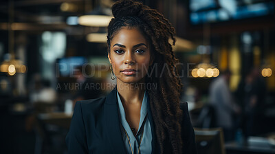 Black woman, portrait and business with night, office and professional entrepreneur in building. Serious, looking and urban with modern female wearing a business suit for leadership and bokeh success