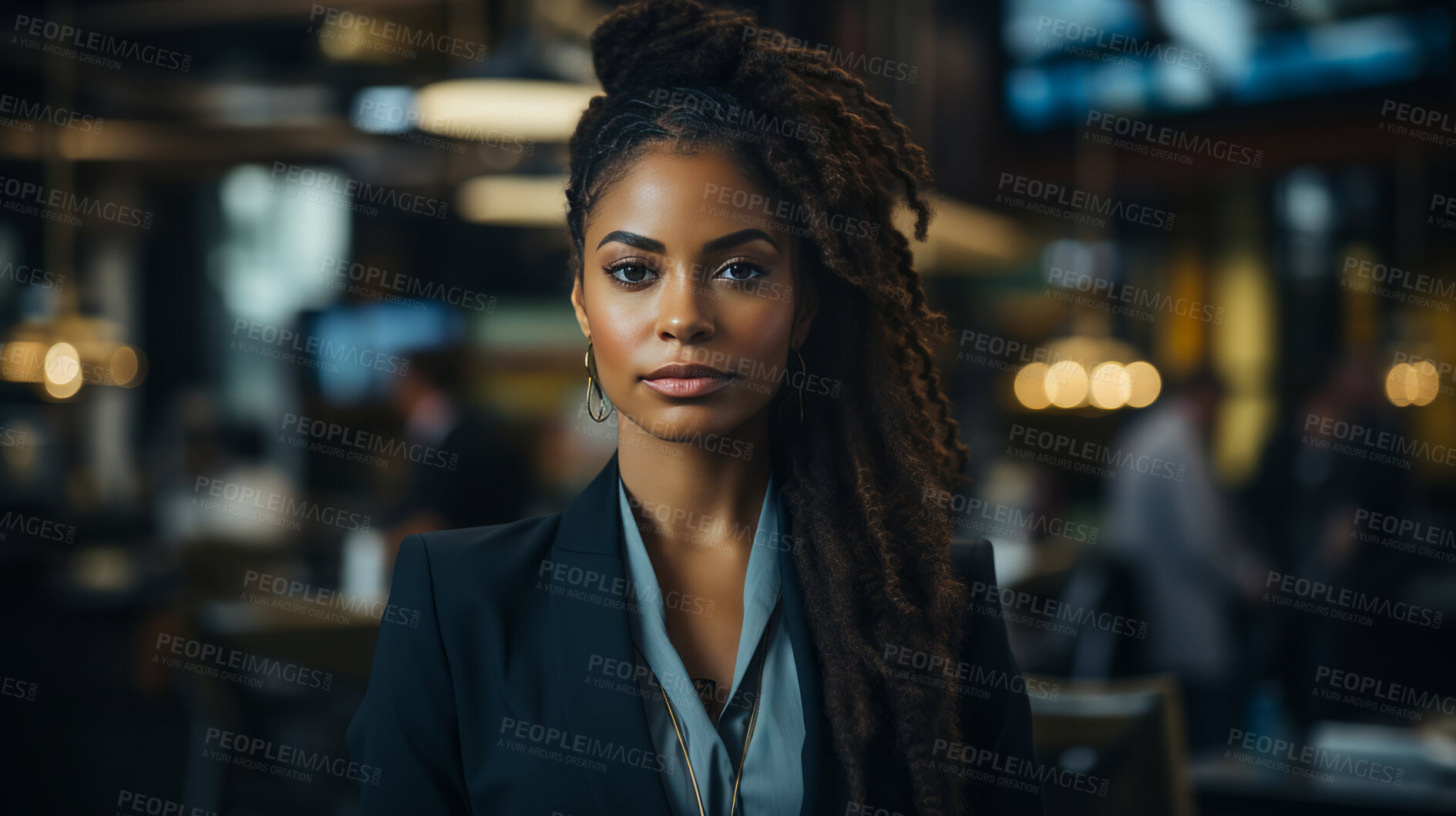 Buy stock photo Black woman, portrait and business with night, office and professional entrepreneur in building. Serious, looking and urban with modern female wearing a business suit for leadership and bokeh success