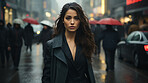 Woman, portrait and business with night, office and professional entrepreneur in building. Serious, looking and urban with modern female wearing a business suit for leadership and bokeh success