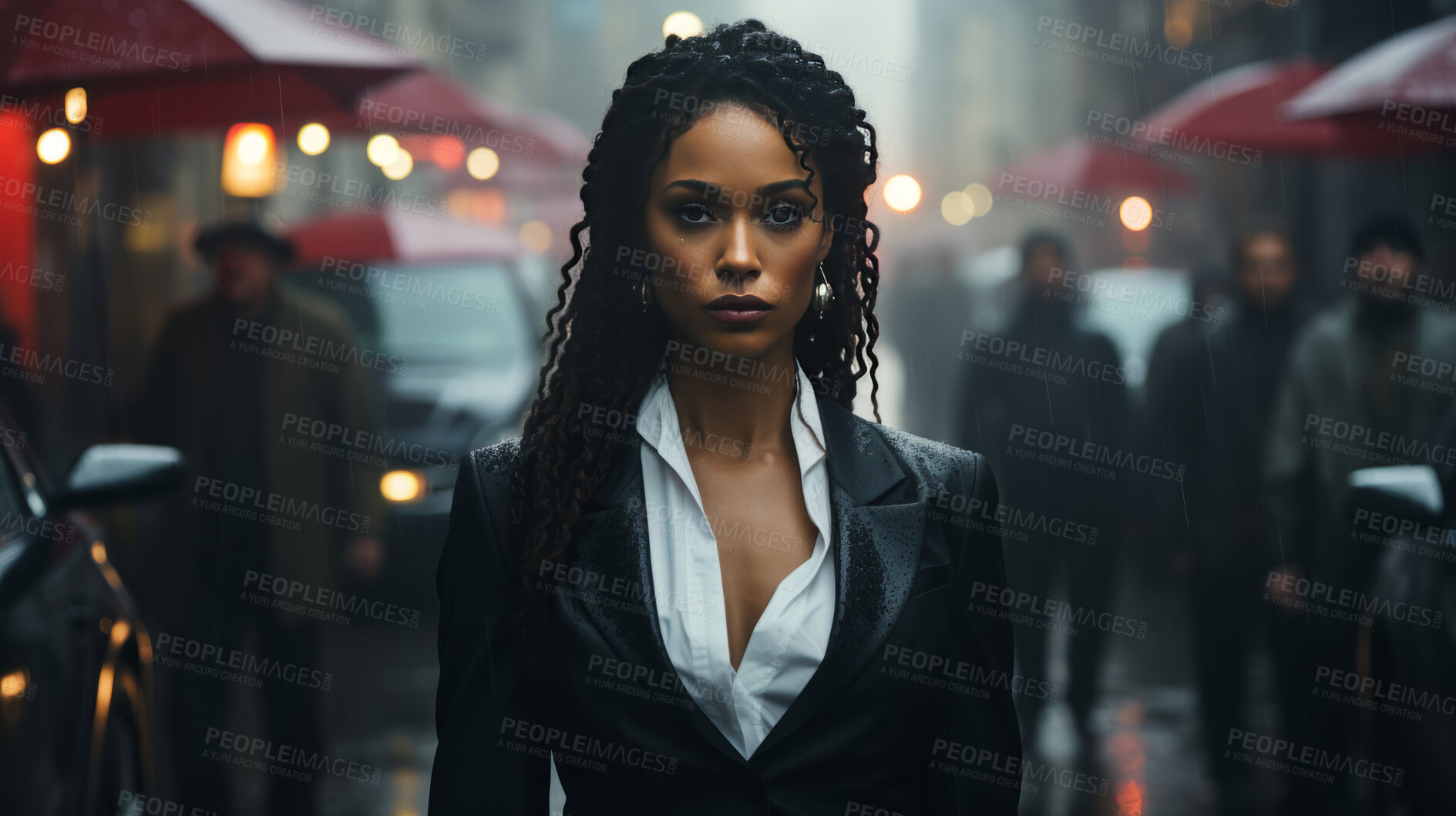 Buy stock photo Black woman, portrait and entrepreneur with city background, street and professional. Serious, looking and urban with modern female wearing a business suit for leadership, confidence and success