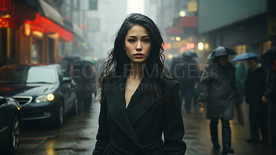 Woman, portrait and business with night, office and professional entrepreneur in building. Serious, looking and urban with modern female wearing a business suit for leadership and bokeh success
