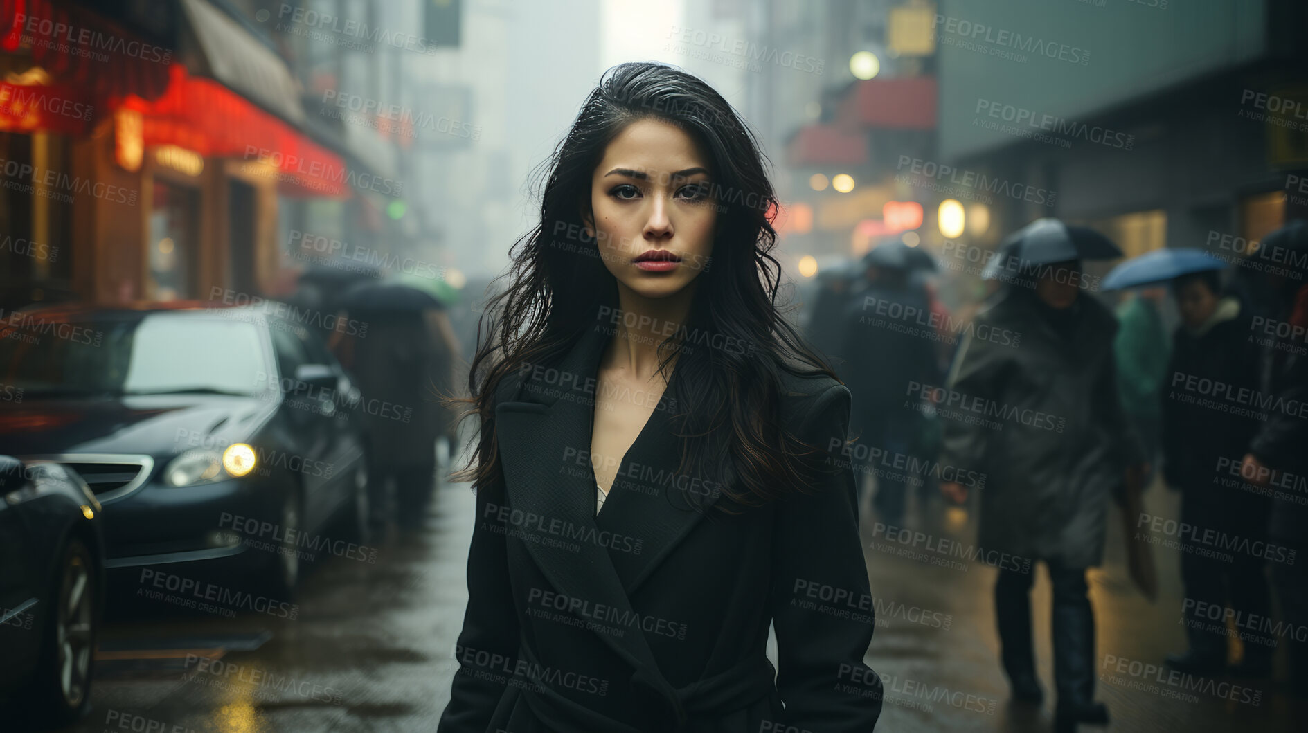 Buy stock photo Woman, portrait and business with night, office and professional entrepreneur in building. Serious, looking and urban with modern female wearing a business suit for leadership and bokeh success