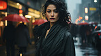 Woman, portrait and business with night, office and professional entrepreneur in building. Serious, looking and urban with modern female wearing a business suit for leadership and bokeh success