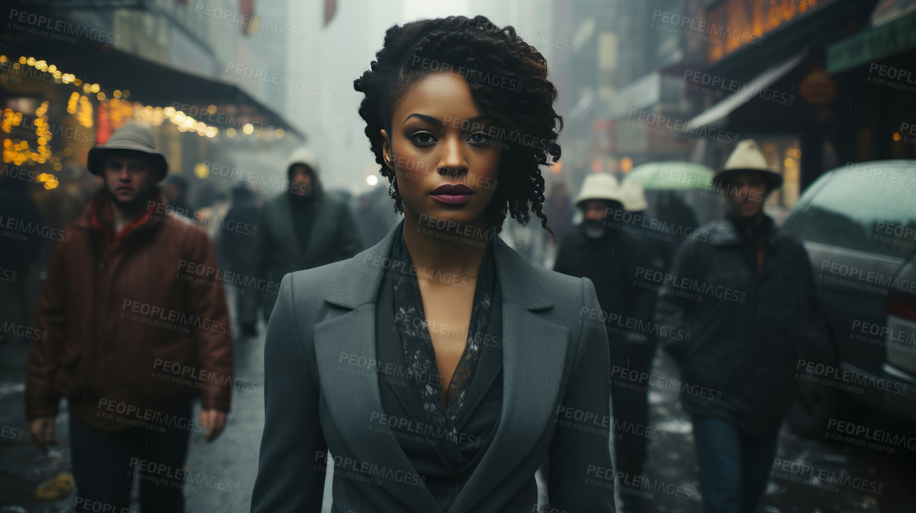 Buy stock photo Black woman, portrait and entrepreneur with city background, street and professional. Serious, looking and urban with modern female wearing a business suit for leadership, confidence and success