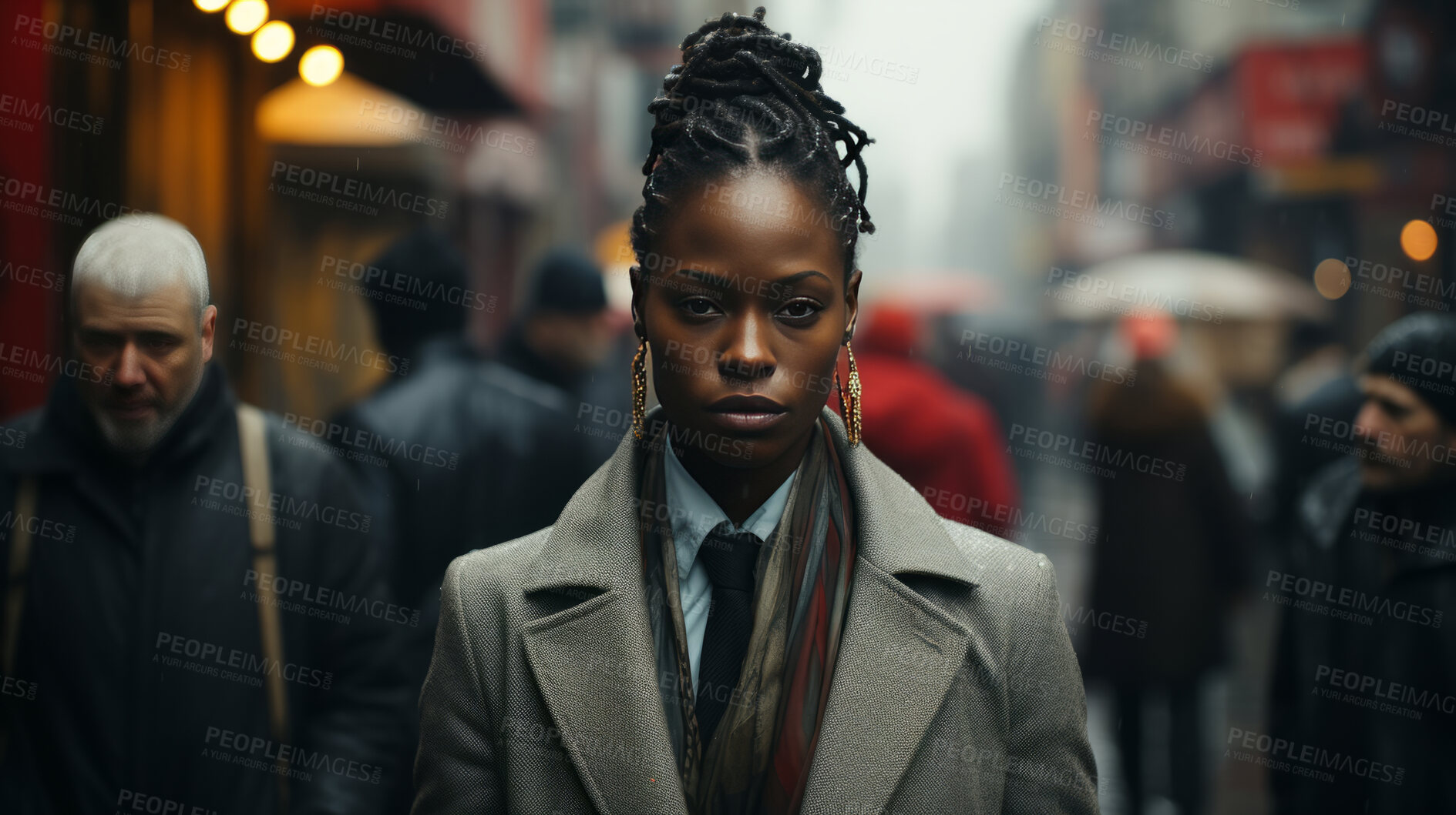 Buy stock photo Black woman, portrait and entrepreneur with city background, street and professional. Serious, looking and urban with modern female wearing a business suit for leadership, confidence and success