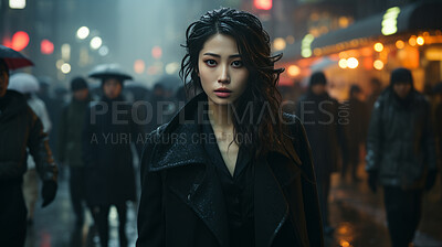 Asian woman, portrait and business with night, office and professional entrepreneur in building. Serious, looking and urban with modern female wearing a business suit for leadership and bokeh success