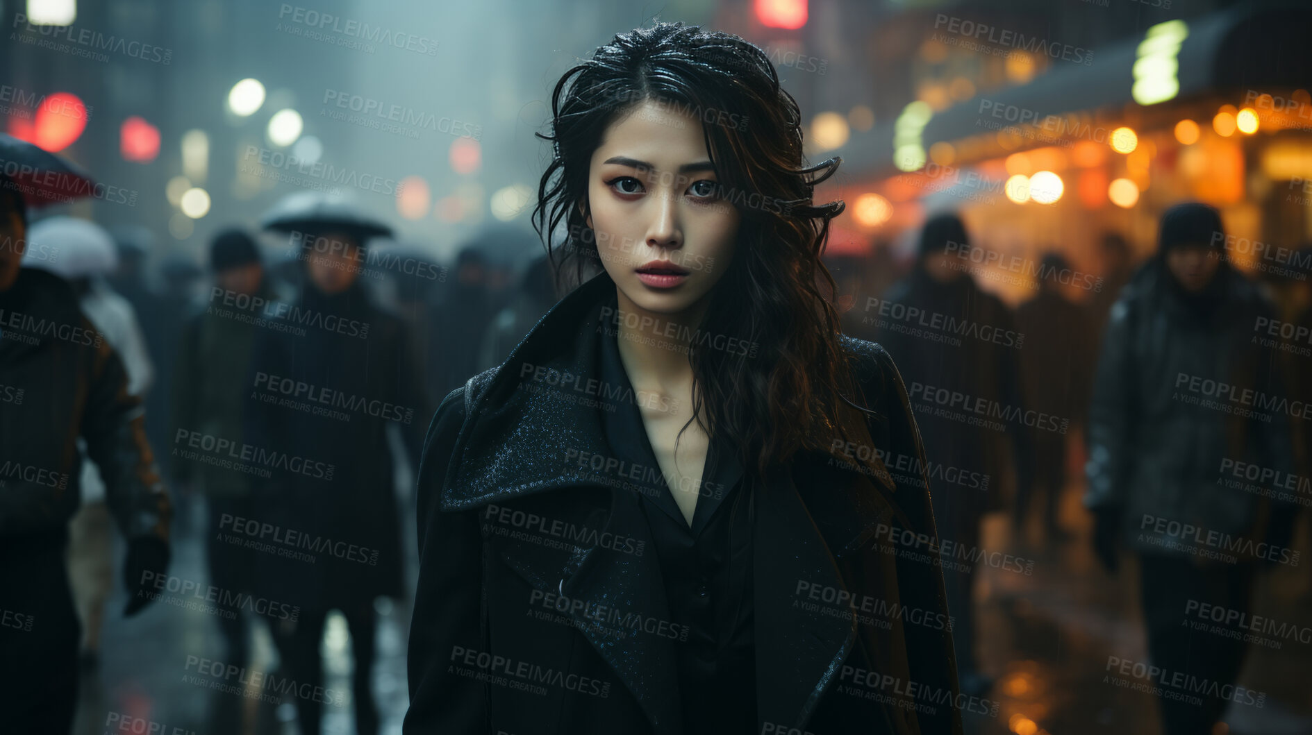 Buy stock photo Asian woman, portrait and business with night, office and professional entrepreneur in building. Serious, looking and urban with modern female wearing a business suit for leadership and bokeh success