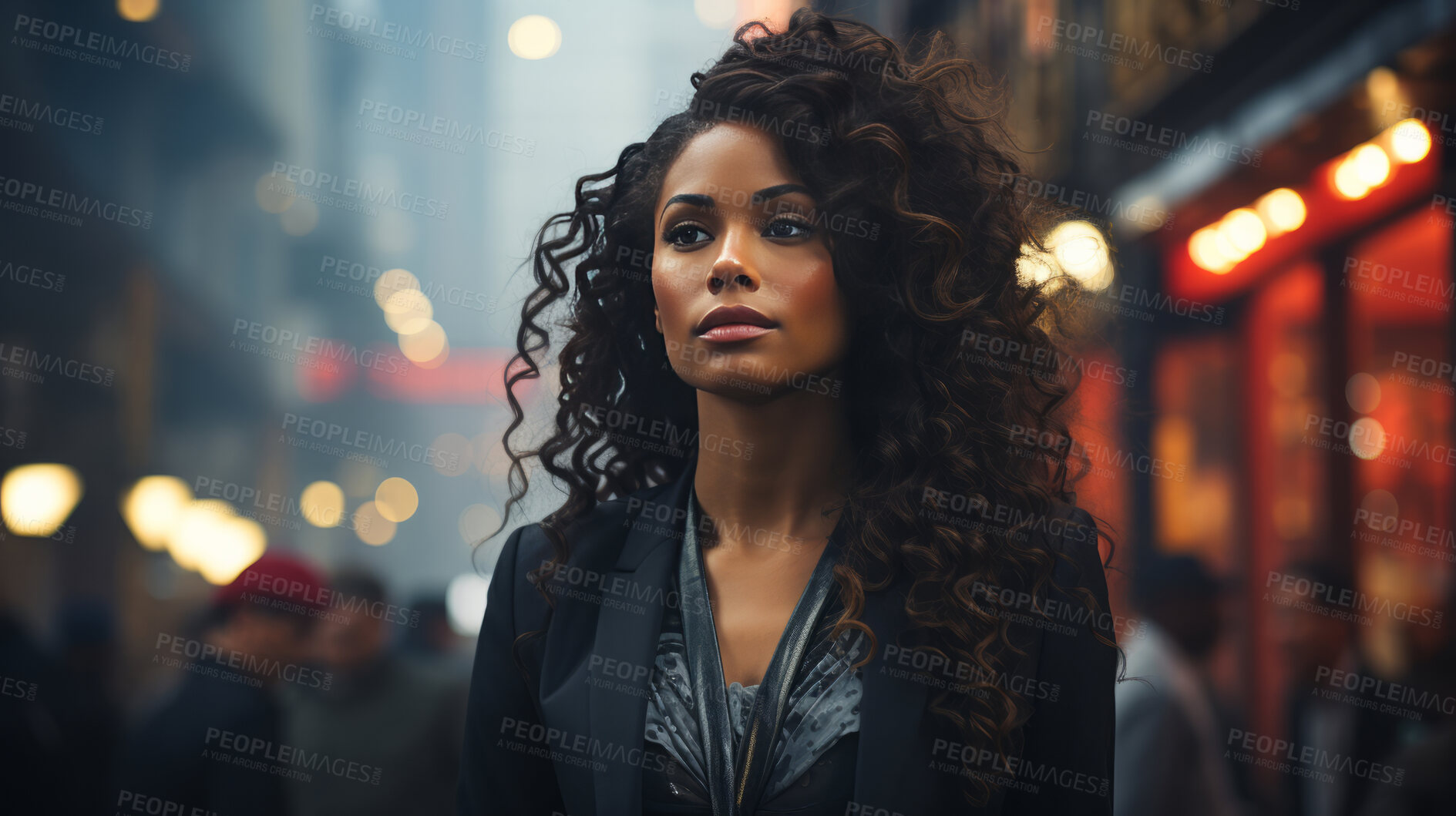 Buy stock photo Black woman, thinking and entrepreneur with city background, street and professional. Serious, looking and urban with modern female wearing a business suit for leadership, confidence and success