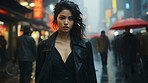 Asian woman, portrait and business with night, office and professional entrepreneur in building. Serious, looking and urban with modern female wearing a business suit for leadership and bokeh success