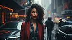 Black woman, portrait and entrepreneur with city background, street and professional. Serious, looking and urban with modern female wearing a business attire for leadership, confidence and success