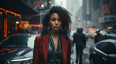 Black woman, portrait and entrepreneur with city background, street and professional. Serious, looking and urban with modern female wearing a business attire for leadership, confidence and success