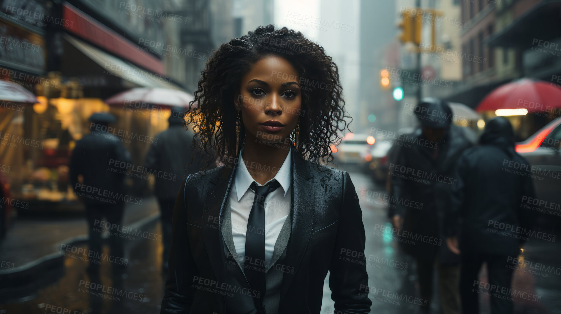 Buy stock photo Black woman, portrait and entrepreneur with city background, street and professional. Serious, looking and urban with modern female wearing a business suit for leadership, confidence and success