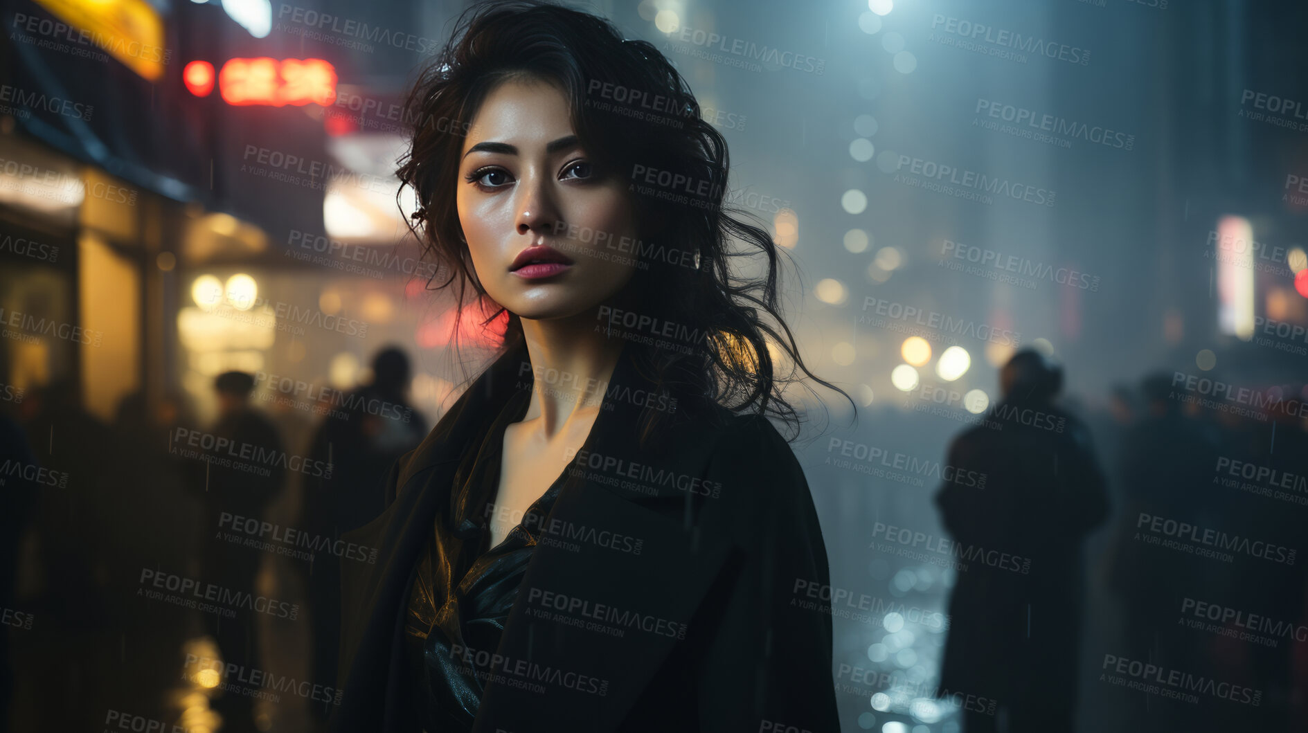 Buy stock photo Asian woman, portrait and business with night, office and professional entrepreneur in building. Serious, looking and urban with modern female wearing a business suit for leadership and bokeh success