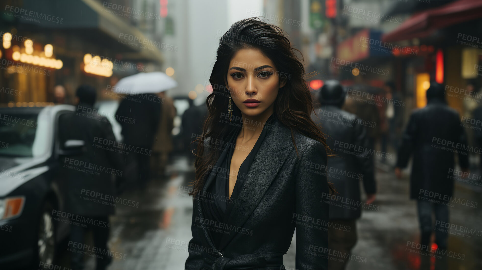 Buy stock photo Woman, portrait and business with night, office and professional entrepreneur in building. Serious, looking and urban with modern female wearing a business suit for leadership and bokeh success