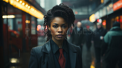 Black woman, portrait and entrepreneur with city background, street and professional. Serious, looking and urban with modern female wearing a business suit for leadership, confidence and success