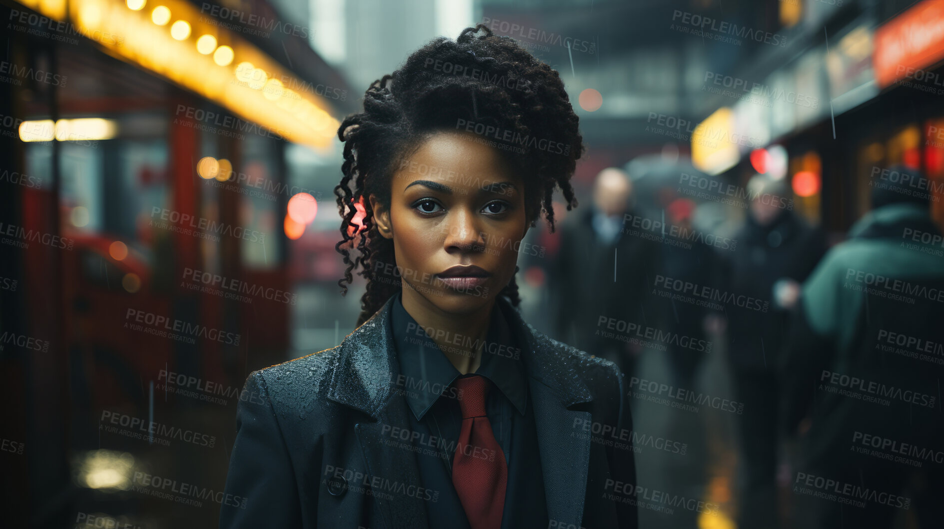 Buy stock photo Black woman, portrait and entrepreneur with city background, street and professional. Serious, looking and urban with modern female wearing a business suit for leadership, confidence and success