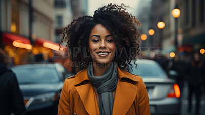 Black woman, portrait and entrepreneur with city background, street and professional. Happy, smiling and urban with modern female wearing a business suit for leadership, confidence and success