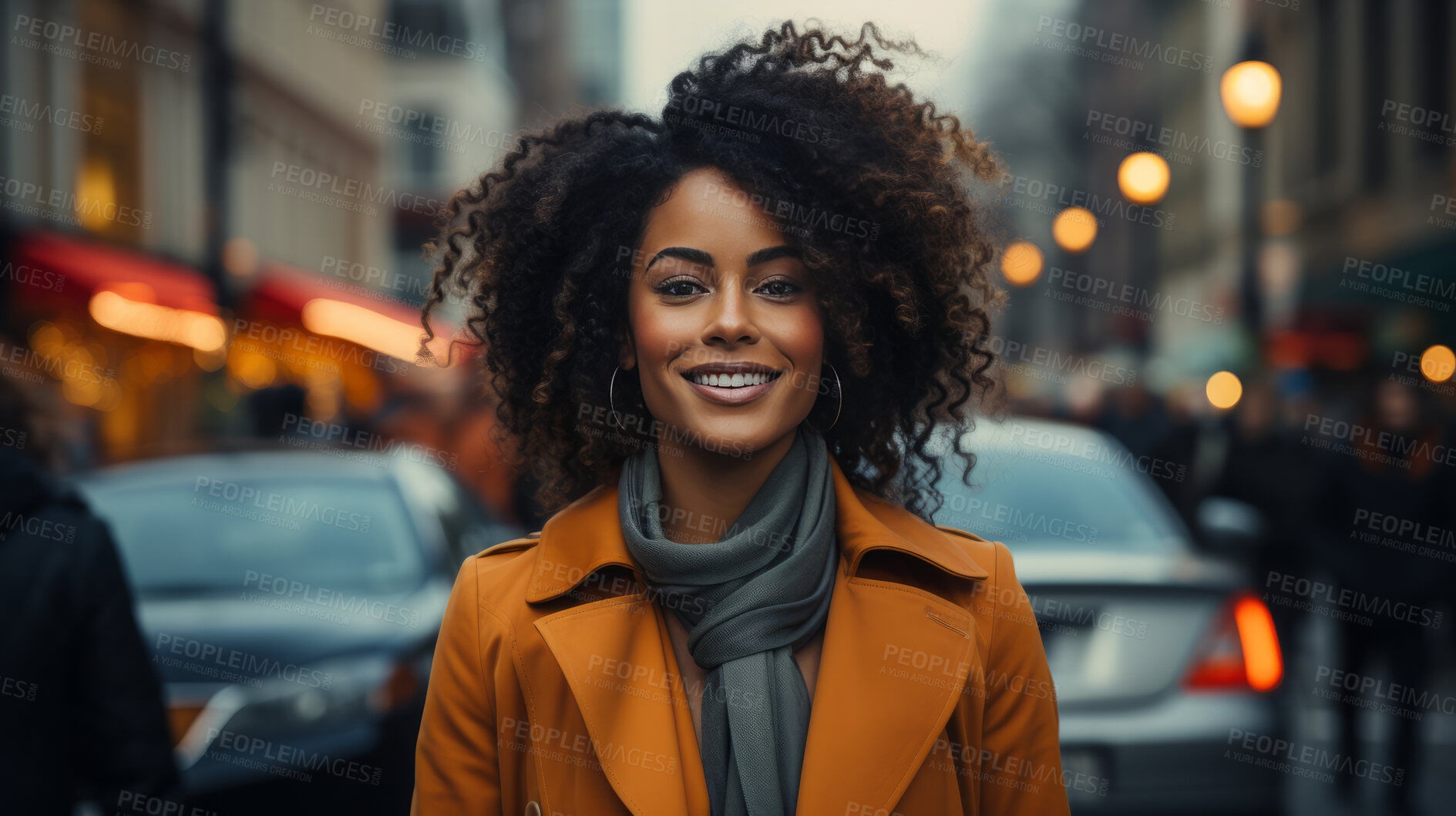 Buy stock photo Black woman, portrait and entrepreneur with city background, street and professional. Happy, smiling and urban with modern female wearing a business suit for leadership, confidence and success