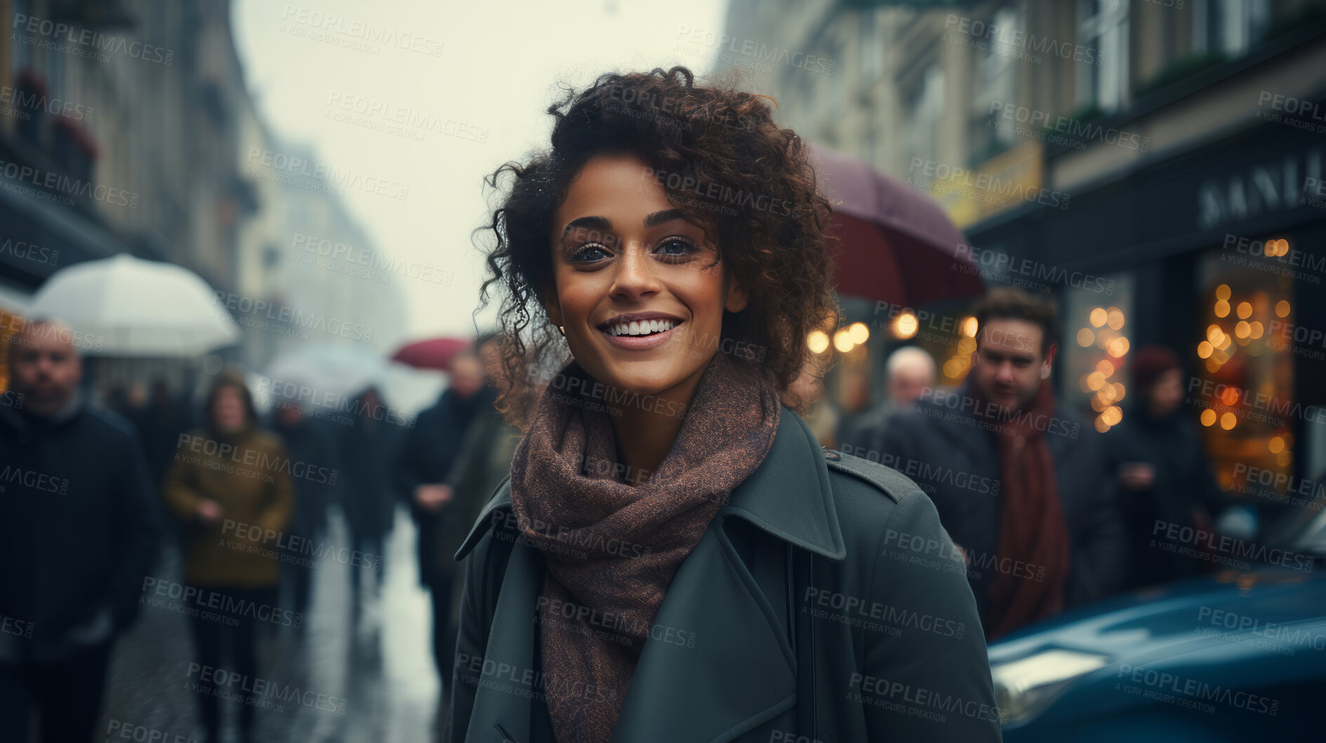 Buy stock photo Black woman, portrait and entrepreneur with city background, street and professional. Happy, smiling and urban with modern female wearing a business suit for leadership, confidence and success