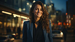 Woman, portrait and business with night, street and professional entrepreneur in city. Happy, smiling and urban with modern female wearing a business suit for leadership and bokeh success