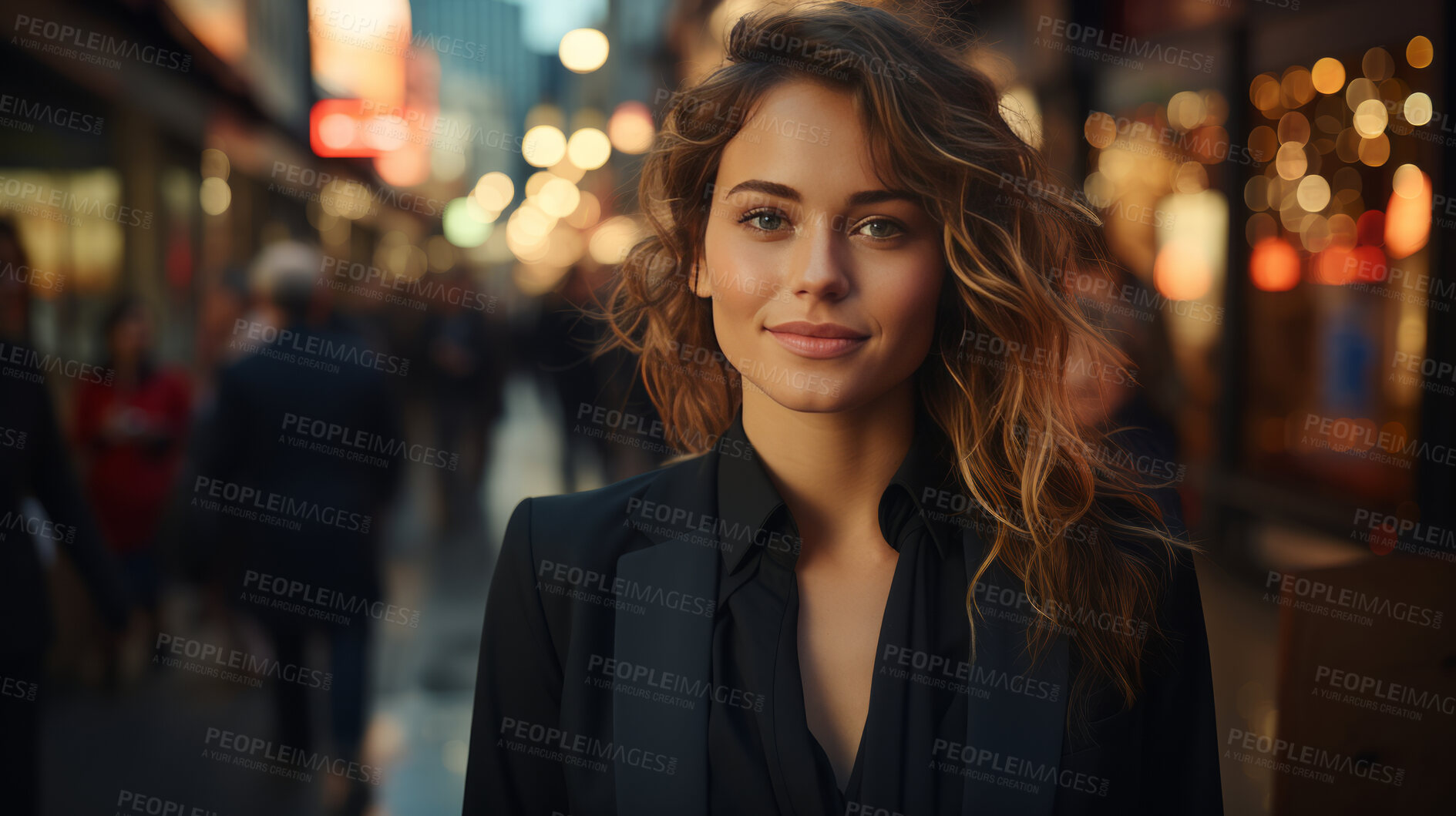 Buy stock photo Woman, portrait and business with night, street and professional entrepreneur in city. Happy, smiling and urban with modern female wearing a business suit for leadership and bokeh success