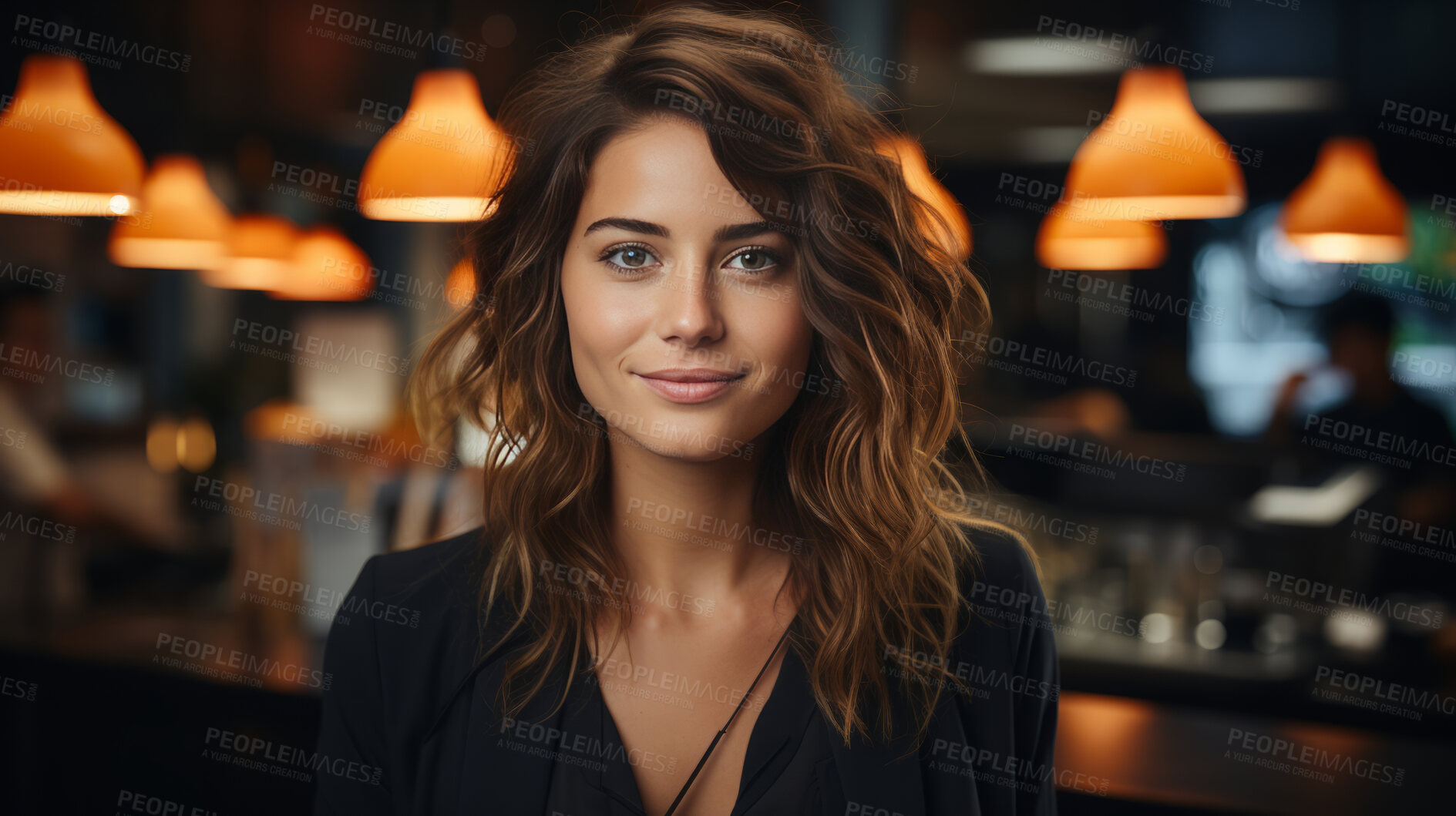 Buy stock photo Woman, portrait and business with night, office and professional entrepreneur in building. Happy, smiling and urban with modern female wearing a business suit for leadership and bokeh success