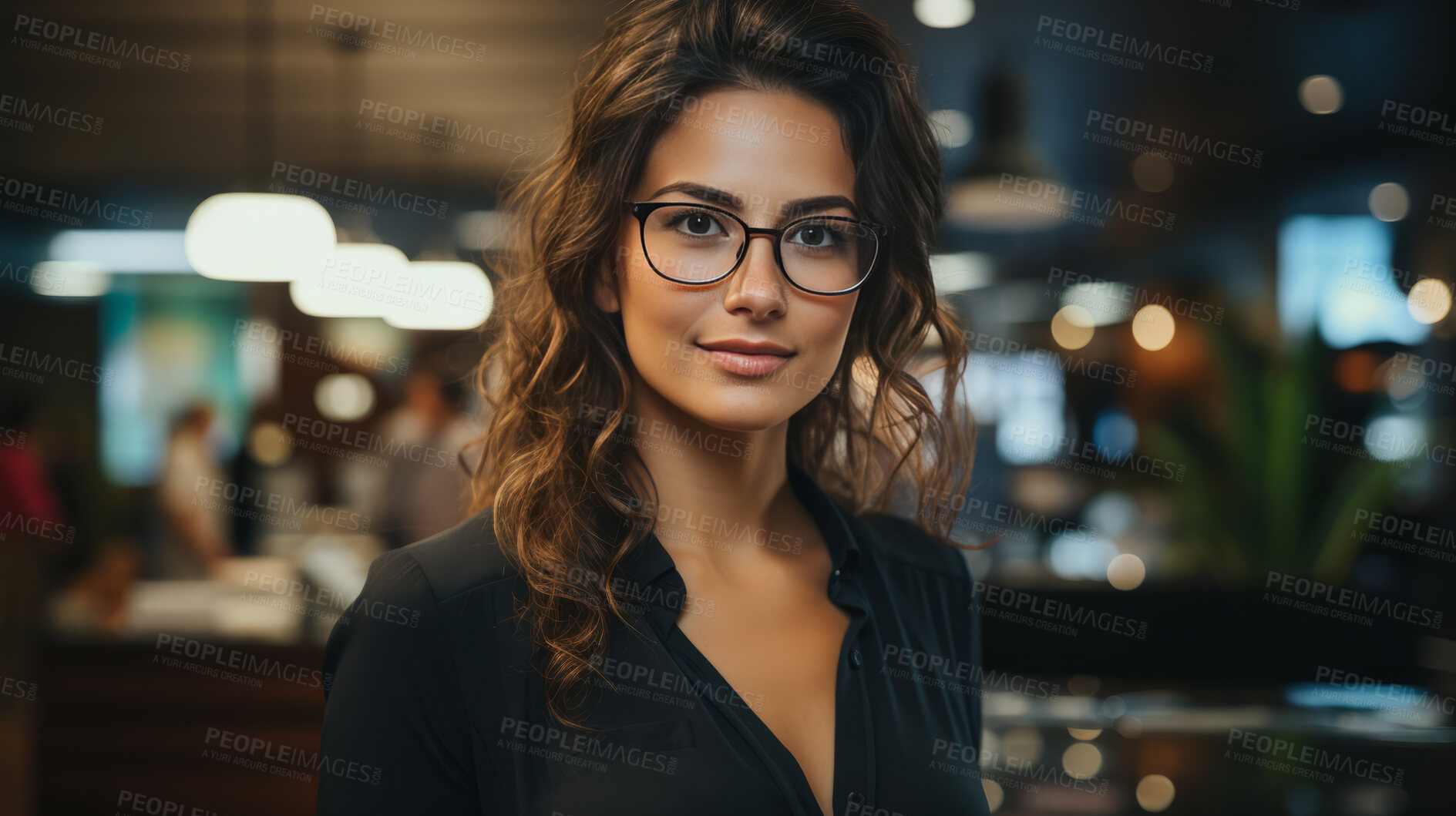 Buy stock photo Woman, portrait and business with night, office and professional entrepreneur in building. Happy, smiling and urban with modern female wearing a business suit for leadership and bokeh success