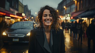 Woman, portrait and business with night, street and professional entrepreneur in city. Happy, smiling and urban with modern female wearing a business suit for leadership and bokeh success