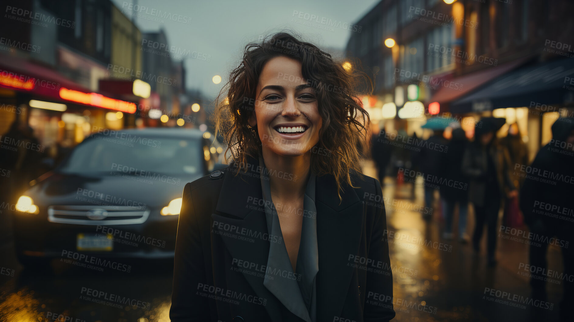 Buy stock photo Woman, portrait and business with night, street and professional entrepreneur in city. Happy, smiling and urban with modern female wearing a business suit for leadership and bokeh success