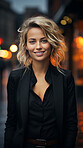 Woman, portrait and business with night, street and professional entrepreneur in city. Happy, smiling and urban with modern female wearing a business suit for leadership and bokeh success