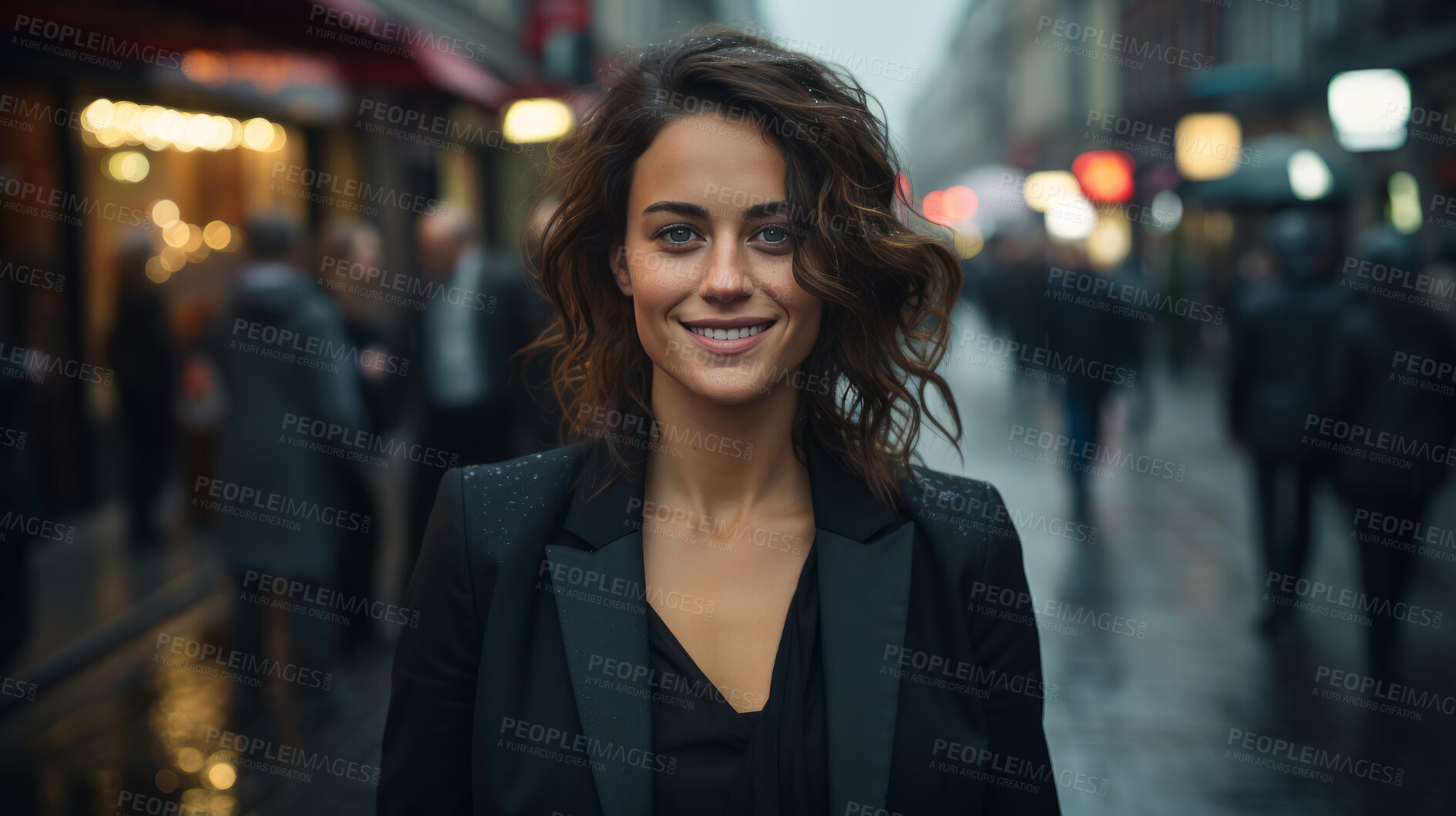 Buy stock photo Woman, portrait and business with night, street and professional entrepreneur in city. Happy, smiling and urban with modern female wearing a business suit for leadership and bokeh success