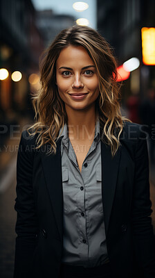 Woman, portrait and business with night, street and professional entrepreneur in city. Happy, smiling and urban with modern female wearing a business suit for leadership and bokeh success