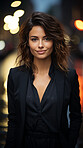 Woman, portrait and business with night, street and professional entrepreneur in city. Happy, smiling and urban with modern female wearing a business suit for leadership and bokeh success