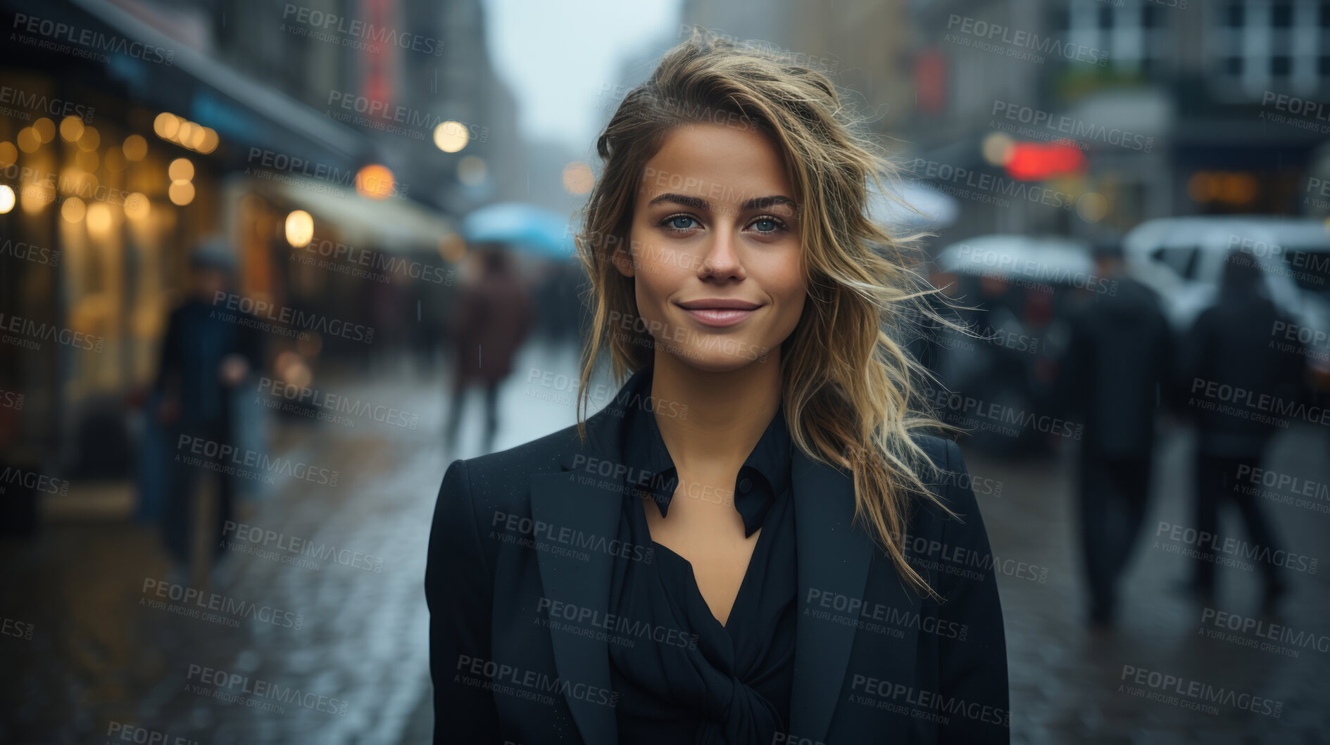 Buy stock photo Woman, portrait and business with night, street and professional entrepreneur in city. Happy, smiling and urban with modern female wearing a business suit for leadership and bokeh success