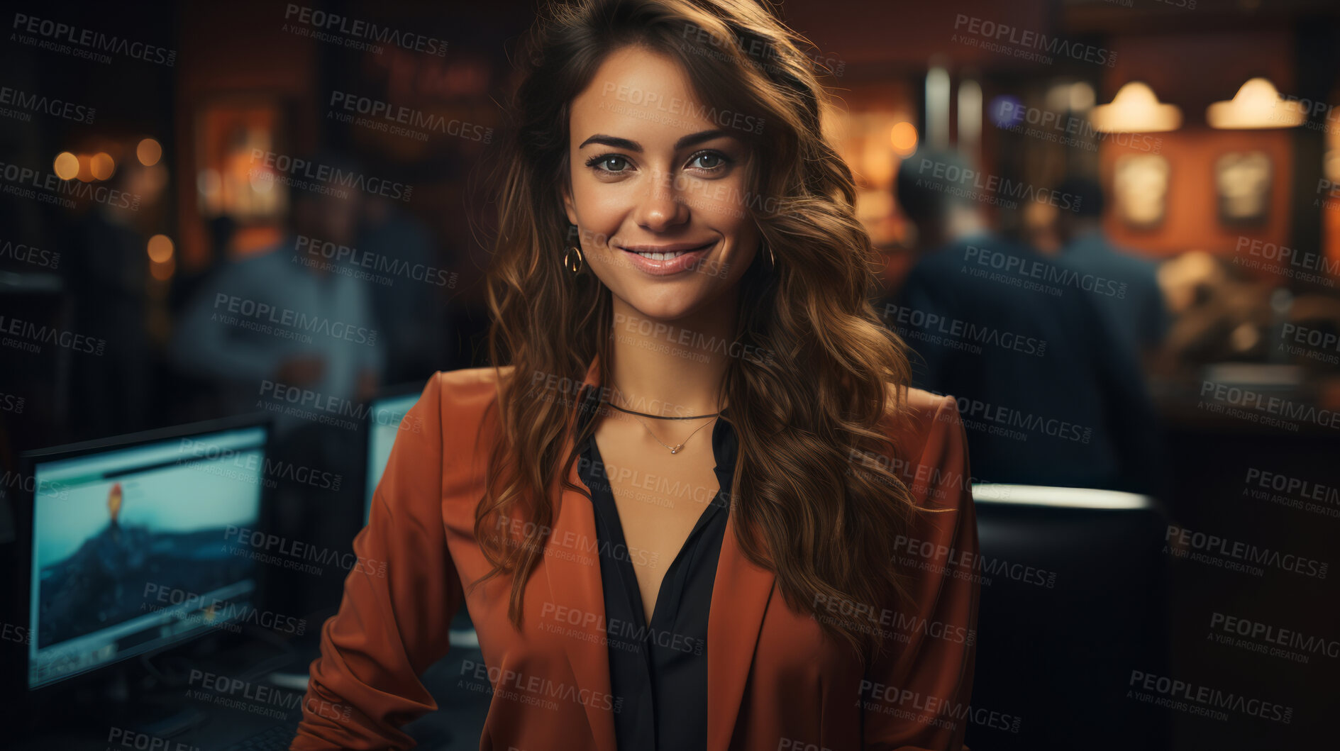 Buy stock photo Woman, portrait and business with night, office and professional entrepreneur in building. Happy, smiling and urban with modern female wearing a business suit for leadership and bokeh success