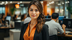 Asian, portrait and business with night, office and professional entrepreneur in building. Happy, smiling and urban  with Japanese female wearing a business suit for leadership and bokeh success