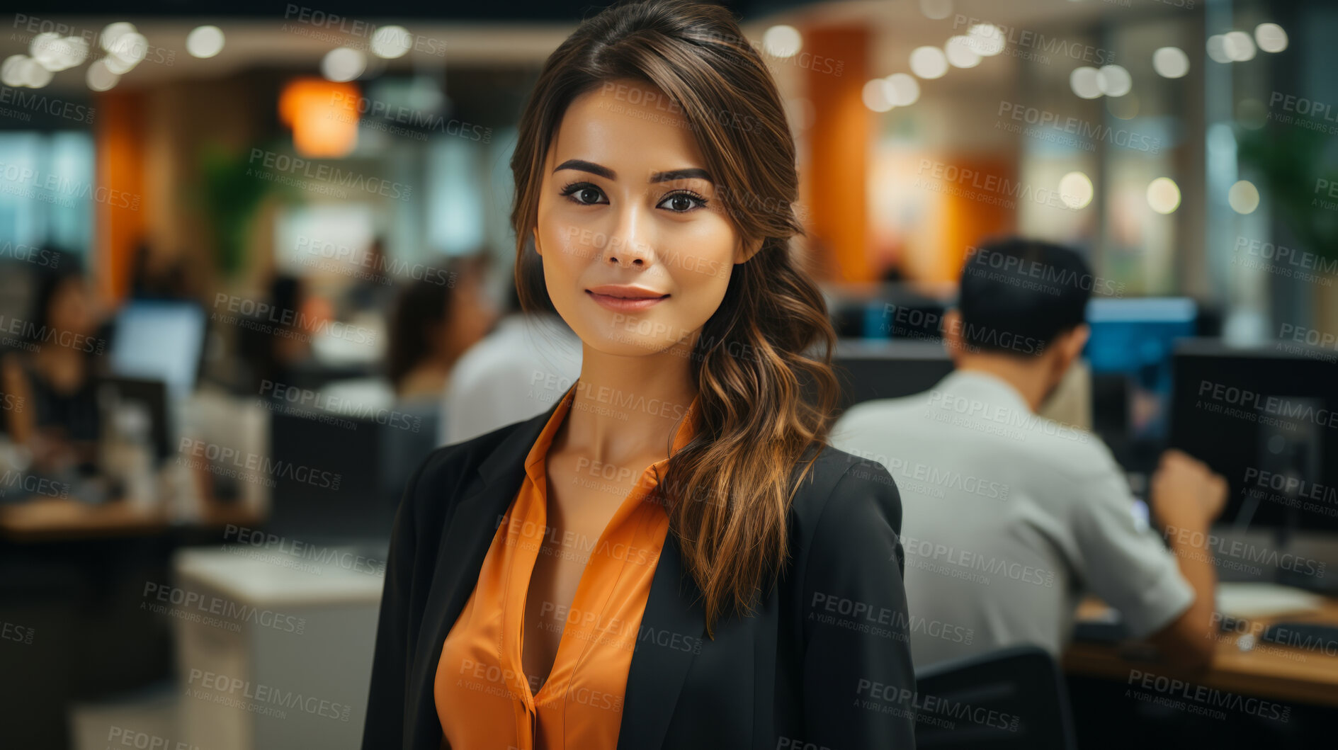 Buy stock photo Asian, portrait and business with night, office and professional entrepreneur in building. Happy, smiling and urban  with Japanese female wearing a business suit for leadership and bokeh success