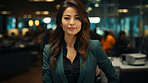 Asian, portrait and business with night, office and professional entrepreneur in building. Happy, smiling and urban  with Japanese female wearing a business suit for leadership and bokeh success