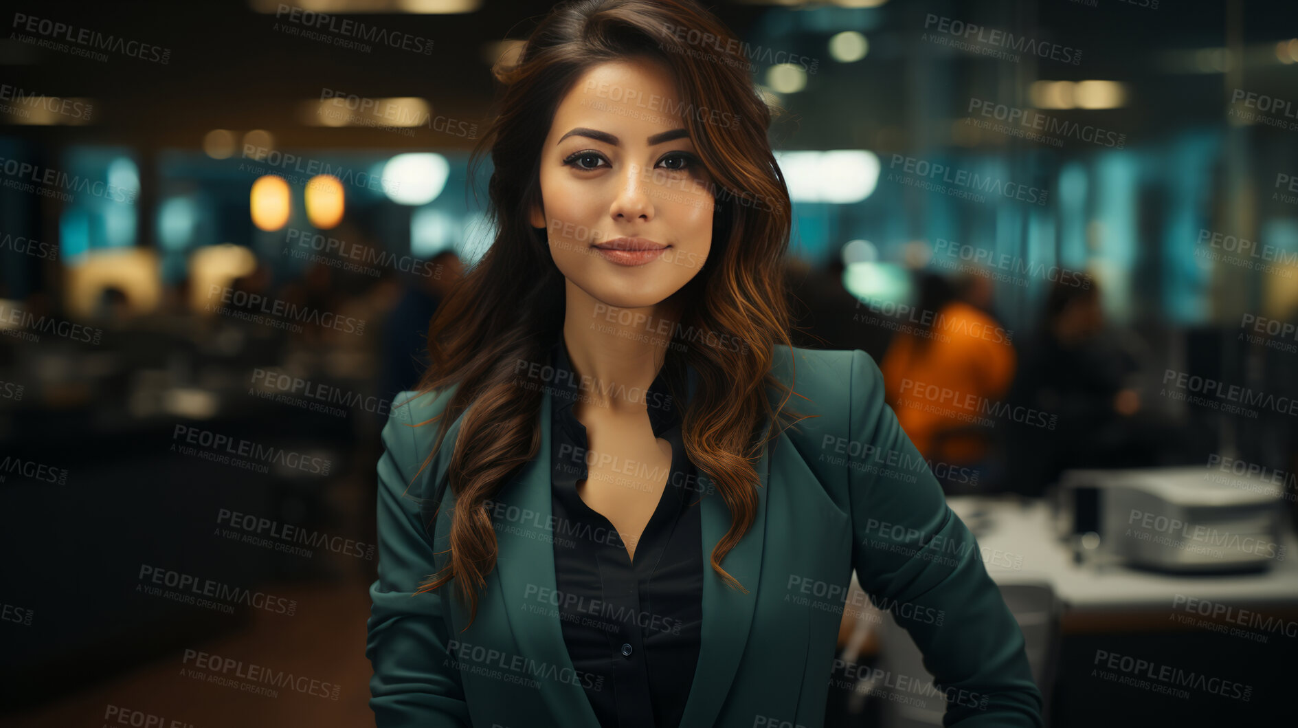 Buy stock photo Asian, portrait and business with night, office and professional entrepreneur in building. Happy, smiling and urban  with Japanese female wearing a business suit for leadership and bokeh success