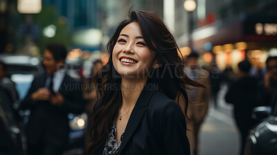 Asian, thinking and businesswoman with night, city and professional entrepreneur in street. Happy, smiling and urban town with Japanese female wearing a business suit for leadership and bokeh success