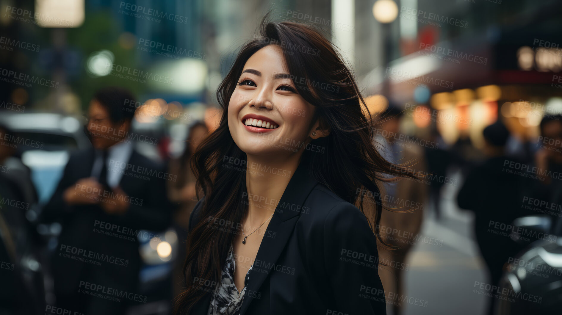 Buy stock photo Asian, thinking and businesswoman with night, city and professional entrepreneur in street. Happy, smiling and urban town with Japanese female wearing a business suit for leadership and bokeh success